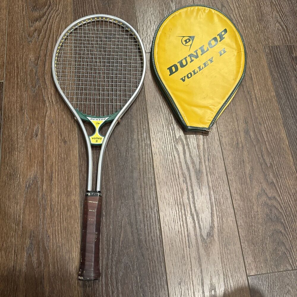 Vintage Dunlop Volley II Tennis Racket w Original Yellow Cover Metal Frame